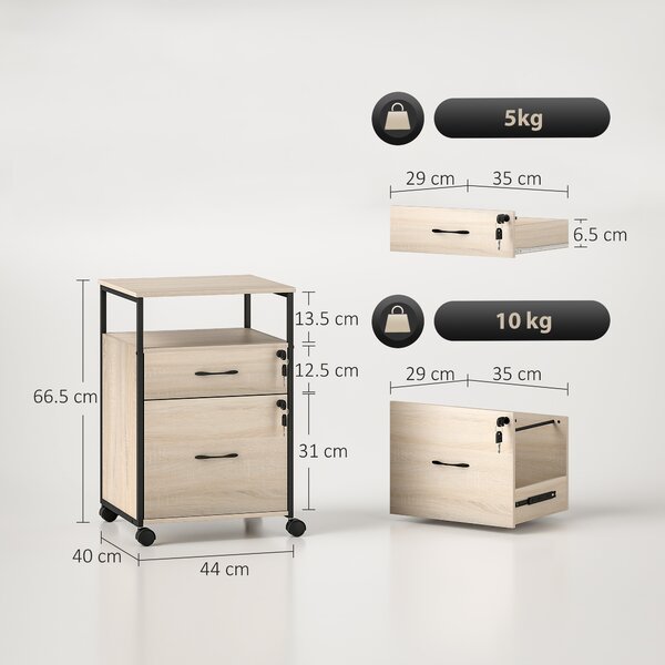 Vinsetto Cassettiera per Scrivania con 2 Cassetti e Ruote, per Formato Lettera A4 44x40x66,5 cm, Legno | Aosom Italy