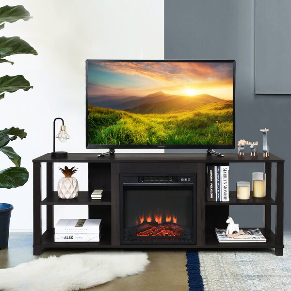Costway Mobile TV con 2 ripiani e mensole aperte per salone, Centro intrattenimento multiuso di legno per TV Nero
