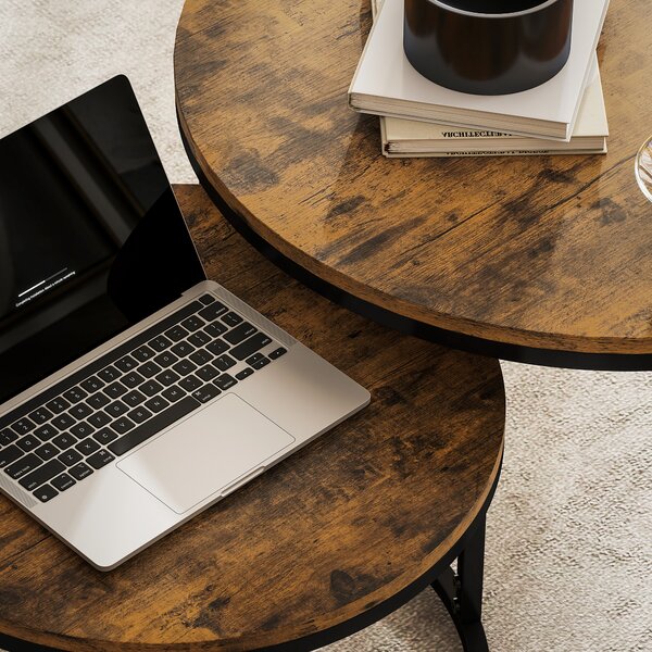 HOMCOM Set di 2 tavolini bassi componibili dal design industriale, piano effetto legno rustico e gambe in metallo, Marrone | Aosom Italy