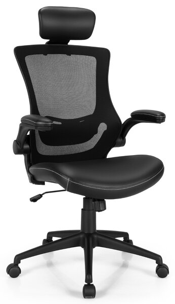 Costway Sedia ergonomica a rete con braccioli capovolgibili, Sedia girevole con schienale alto per casa ufficio Nero