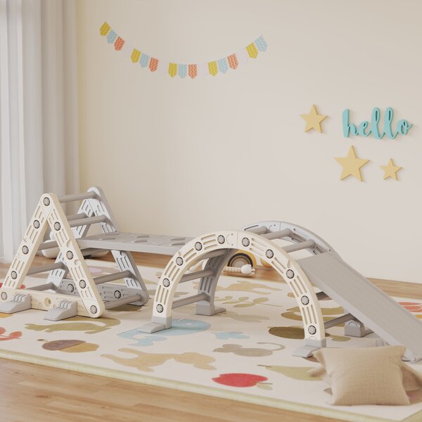 AIYAPLAY Struttura da arrampicata 5 in 1 con scivolo, arco da arrampicata, rampa doppia, per bambini di 18-48 mesi, Grigio e Bianco | Aosom Italy