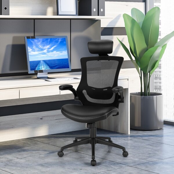 Costway Sedia ergonomica a rete con braccioli capovolgibili, Sedia girevole con schienale alto per casa ufficio Nero