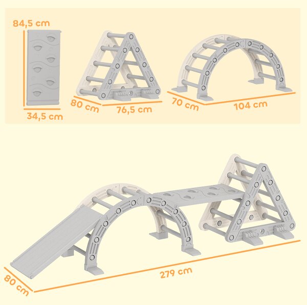 AIYAPLAY Struttura da arrampicata 5 in 1 con scivolo, arco da arrampicata, rampa doppia, per bambini di 18-48 mesi, Grigio e Bianco | Aosom Italy