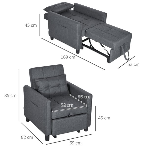 HOMCOM Poltrona convertibile 3 in 1, con schienale regolabile in 3 posizioni e cuscino incluso, 2 tasche laterali 69x82x85 cm, Grigio | Aosom Italy