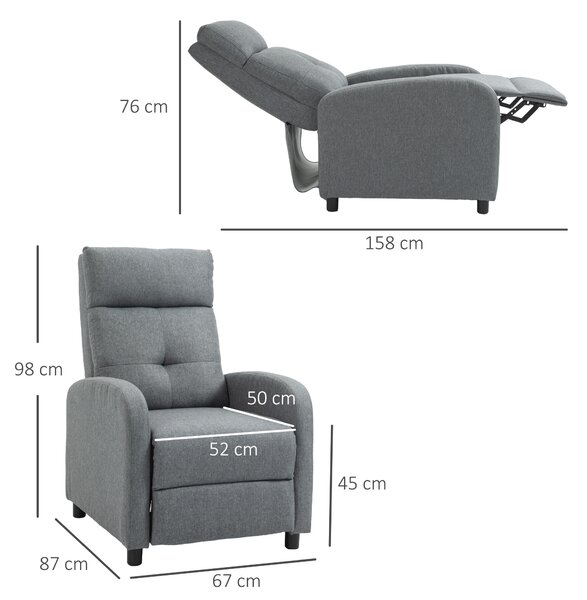 HOMCOM Poltrona Reclinabile 155° max in Tessuto Effetto Lino Grigio con Poggiapiedi, 67x87x98 cm | Aosom Italy