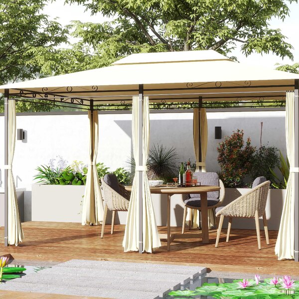 Outsunny Gazebo Moderno da Giardino con Tende e Tetto a 2 Livelli, 3x4 m, Bianco e Crema | Aosom Italy