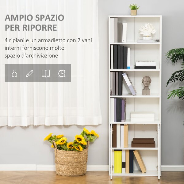 HOMCOM Libreria Moderna 4 Ripiani con Armadietto a 2 Ante in Legno, Mobile Multiuso per Soggiorno, Ufficio e Studio, 59x29x180cm, Bianco|Aosom