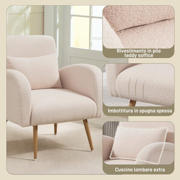 HOMCOM Poltrona per Salotto Moderna in Tessuto Teddy con Cuscino Lombare Sfoderabile, 77x77x83 cm, Beige | Aosom Italy