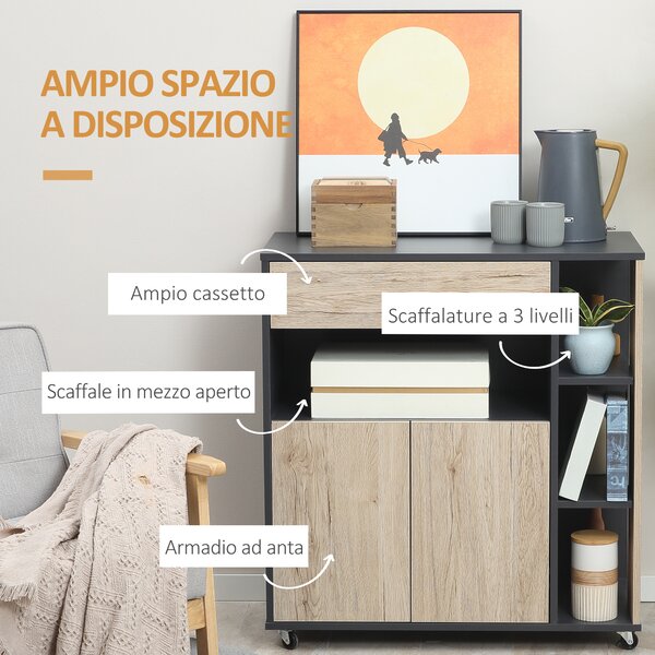 HOMCOM Armadietto Multiuso su Ruote per Cucina in Legno Compatto e Versatile per Ottimizzare Spazio e Organizzazione in Cucina 80x39x86.5 cm|Aosom