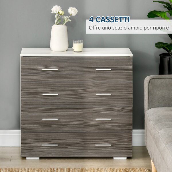 HOMCOM Cassettiera Moderna 4 Cassetti con Maniglie in Alluminio e Struttura in Legno, 76x35x72cm, Bianco e Grigio|Aosom
