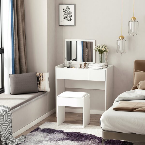 HOMCOM Mobile Toeletta con Specchio a Scomparsa e Sgabello Elegante Tavolo Consolle con Cassetto Design Moderno Bianco 80x40x79cm|Aosom