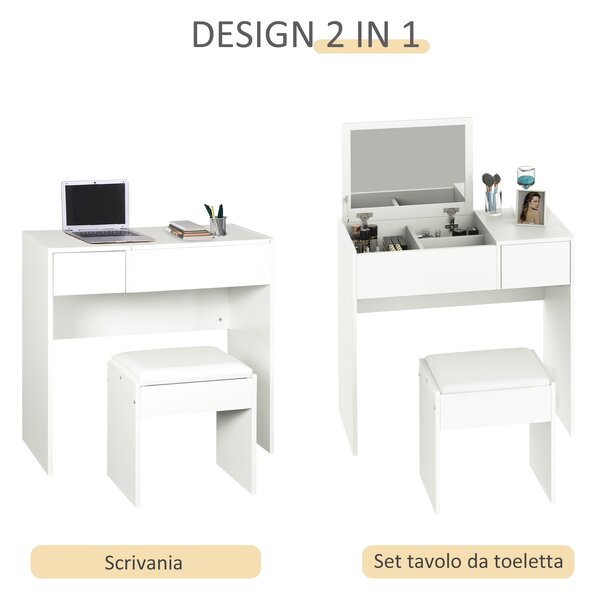 HOMCOM Mobile Toeletta con Specchio a Scomparsa e Sgabello Elegante Tavolo Consolle con Cassetto Design Moderno Bianco 80x40x79cm|Aosom