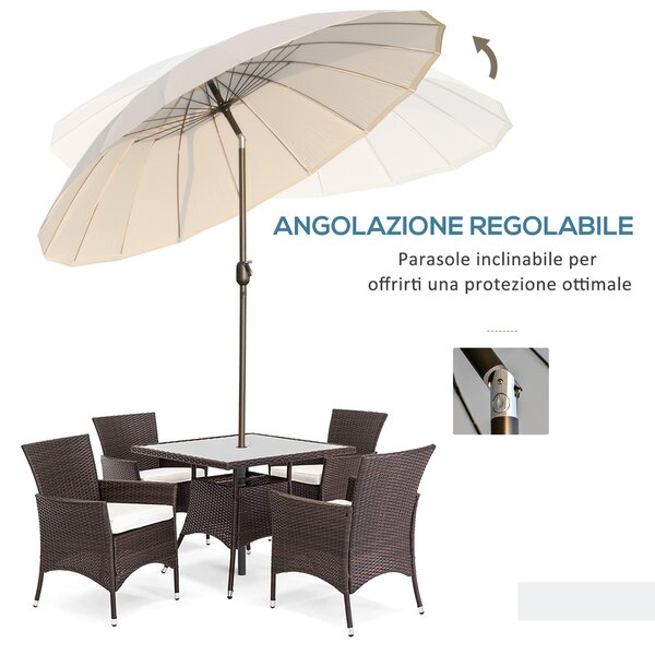 Outsunny Ombrellone da Giardino e Terrazza con Manovella, 18 Stecche e Testa Inclinabile, Ф255x240cm Crema