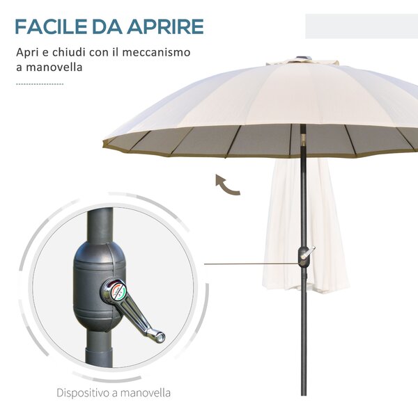 Outsunny Ombrellone da Giardino e Terrazza con Manovella, 18 Stecche e Testa Inclinabile, Ф255x240cm Crema