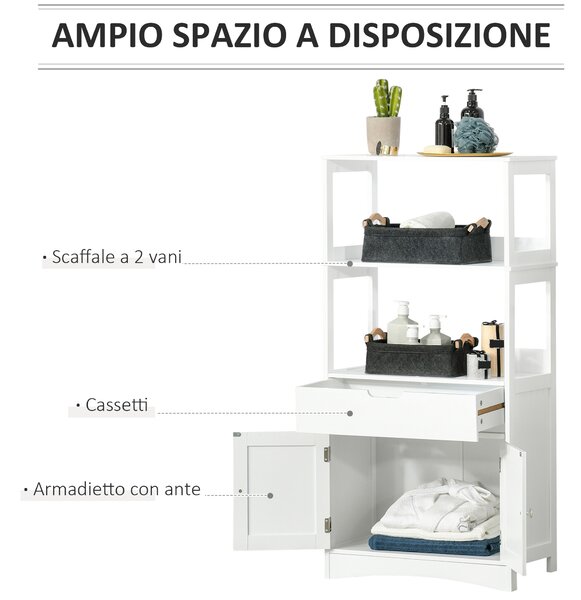 Kleankin Armadietto Bagno con 2 Ante, Cassetto e 2 Mensole, Mobiletto Multiuso in Legno, 60x33x122.5cm, Bianco|Aosom