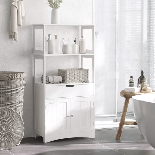 Kleankin Armadietto Bagno con 2 Ante, Cassetto e 2 Mensole, Mobiletto Multiuso in Legno, 60x33x122.5cm, Bianco|Aosom