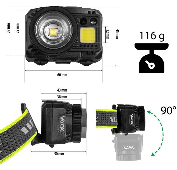 Lampada frontale ricaricabile con sensore a LED/6W/5V/3xAAA IP66 500 lm 1200 mAh