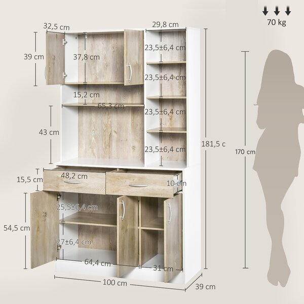 HOMCOM Credenza Cucina Multifunzione in Legno, con Cassetti e Vani Aperti, Stile Moderno, 100x39x181,5 cm, Bianco | Aosom Italy