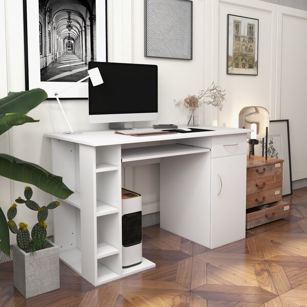 HOMCOM Scrivania per PC Ergonomica con Mensole, Armadietto, Cassetto e Piano Tastiera Estraibile, 120x60x74 cm, Bianca | Aosom Italy