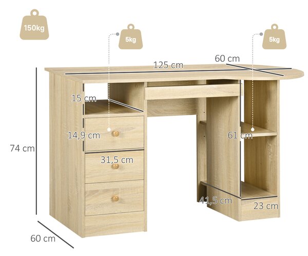 HOMCOM Scrivania da Ufficio pc con cassetti e Scaffali Ripiano Testiera in Legno, 125x60x74cm | Aosom Italy