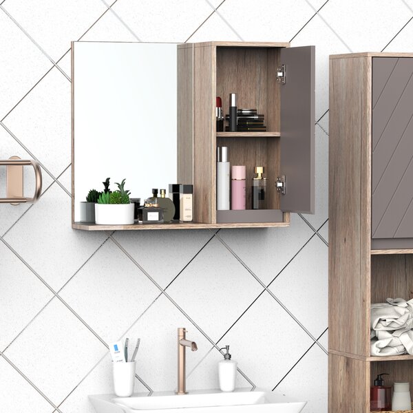 HOMCOM Mobiletto Bagno Salvaspazio da Bagno Sospeso con Specchio e Armadietto, incluso Ripiano Regolabile, Grigio e Rovere|Aosom Italy