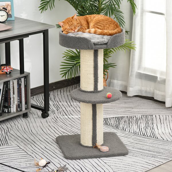 PawHut Tiragraffo gatto multi-attività albero per gatti 81cm con cuscino colonna in sisal Agnello cashmere grigio|Aosom