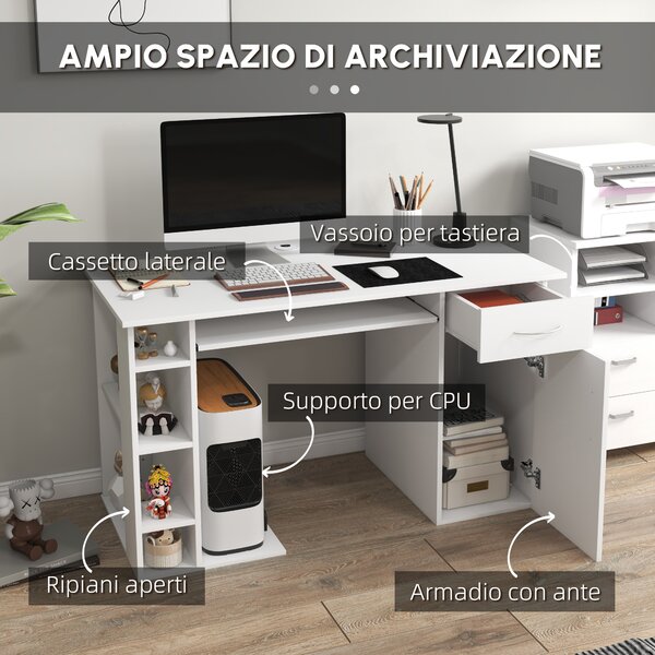 HOMCOM Scrivania per PC Ergonomica con Mensole, Armadietto, Cassetto e Piano Tastiera Estraibile, 120x60x74 cm, Bianca | Aosom Italy