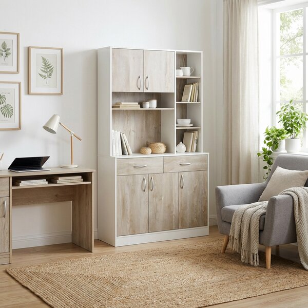 HOMCOM Credenza Cucina Multifunzione in Legno, con Cassetti e Vani Aperti, Stile Moderno, 100x39x181,5 cm, Bianco | Aosom Italy