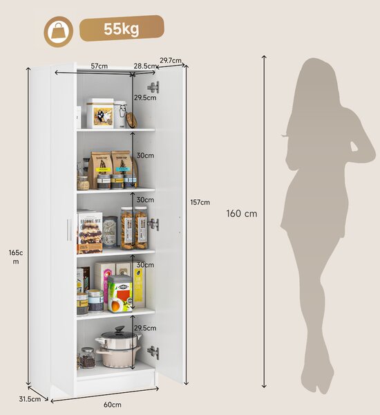 HOMCOM Mobile Multiuso Moderno con 5 Ripiani Livelli Regolabili in Legno, 60x31.5x165 cm, Bianco | Aosom Italy