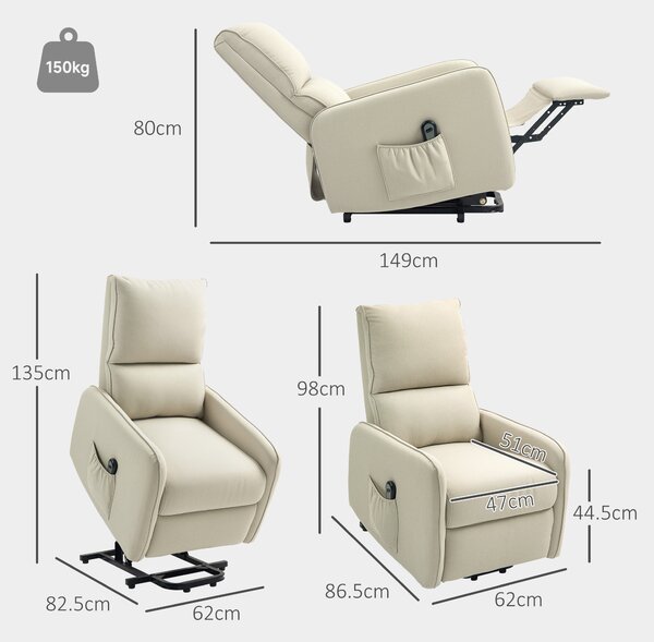 HOMCOM Poltrona Alzapersona Small Elettrica Reclinabile con Telecomando e Tasca in Tessuto, 150kg, Beige | Aosom Italy