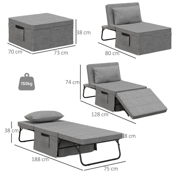 HOMCOM letto pieghevole 4 in1 salvaspazio con schienale reclinabile, pouf letto a 5 livelli multiuso, grigio | Aosom Italy