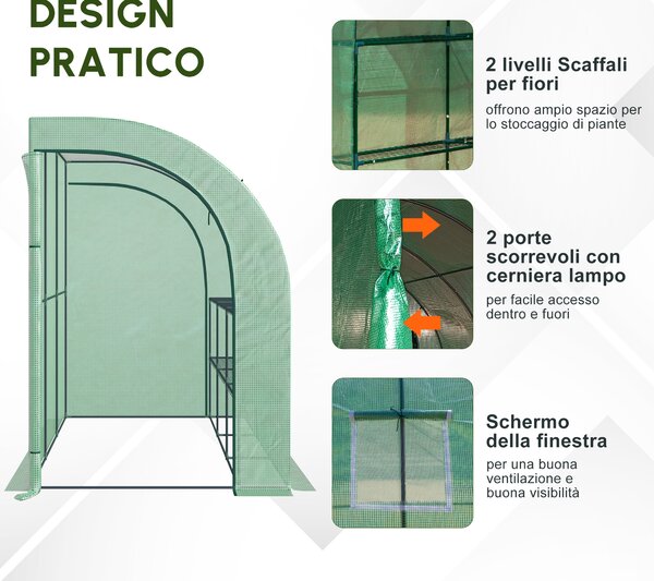 Outsunny Serra da Giardino con 3 Piani e Porte a Rullo, Copertura in Plastica per Resistente ai Raggi UV, 300L x 150P x 213A cm, Verde | Aosom Italy