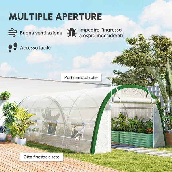 Outsunny Serra da Giardino a Tunnel 18 m² dim con 8 finestre, Zip Arrotolabile, Acciaio zincato, Telo PE, 6L x 3l x 2H m, Bianco | Aosom Italy