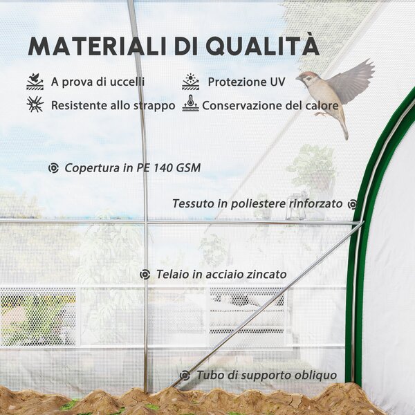 Outsunny Serra da Giardino a Tunnel 18 m² dim con 8 finestre, Zip Arrotolabile, Acciaio zincato, Telo PE, 6L x 3l x 2H m, Bianco | Aosom Italy