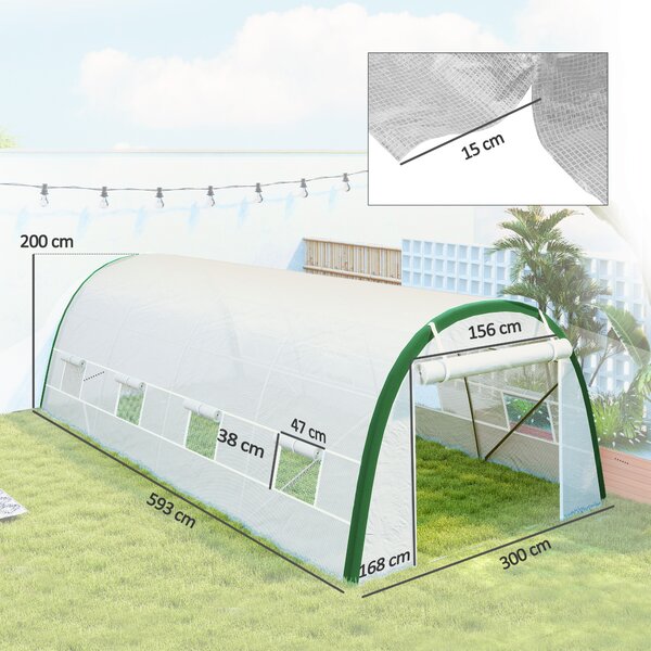 Outsunny Serra da Giardino a Tunnel 18 m² dim con 8 finestre, Zip Arrotolabile, Acciaio zincato, Telo PE, 6L x 3l x 2H m, Bianco | Aosom Italy