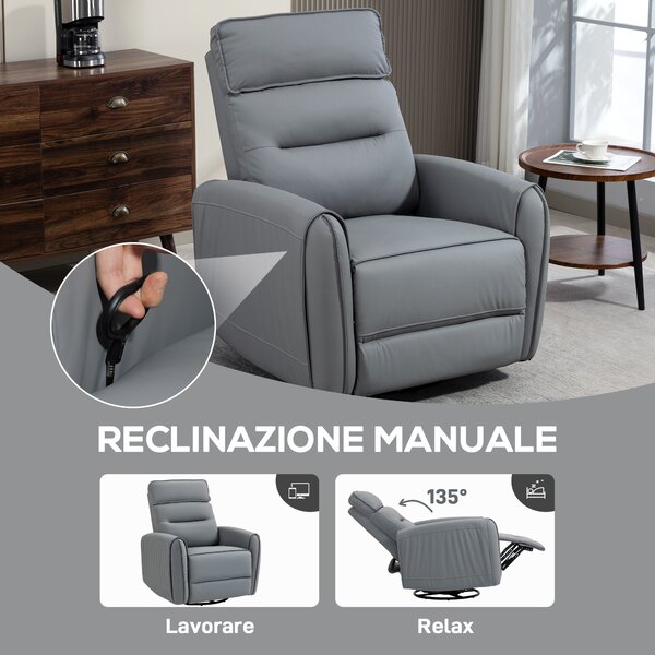 HOMCOM Poltrona Relax Reclinabile Manualmente con Poggiapiedi in Tessuto Effetto Pelle e Base Girevole, Grigio | Aosom Italy