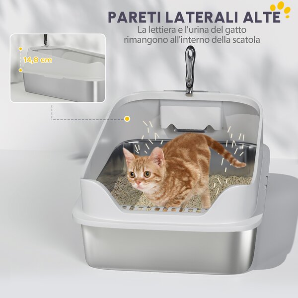 PawHut Lettiera in acciaio inox WC aperto con paletta bordo alto per gatti grandi fino a 7 kg, 60,2 x 40,2 x 29,7 cm, Grigio | Aosom Italy