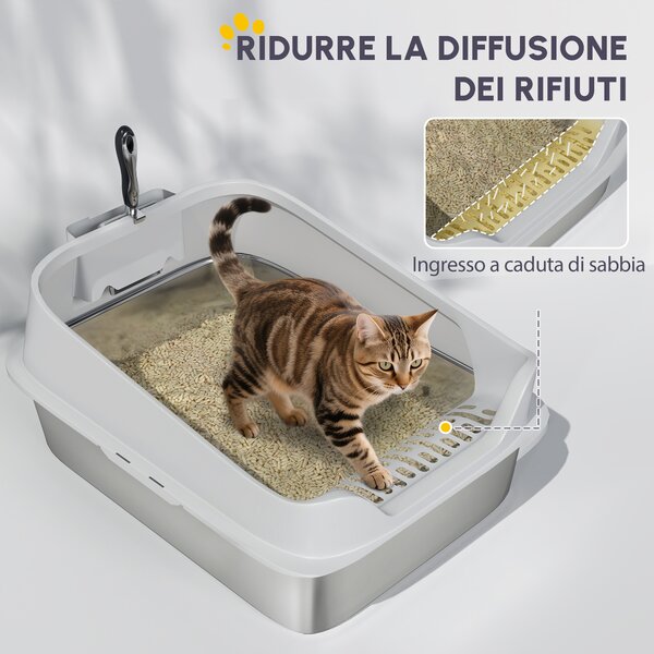 PawHut Lettiera in acciaio inox WC aperto con paletta bordo alto per gatti grandi fino a 7 kg, 60,2 x 40,2 x 29,7 cm, Grigio | Aosom Italy