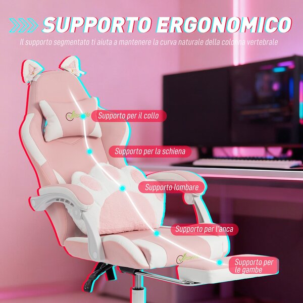 Vinsetto Sedia Gaming Poltrona Gaming Ergonomica Reclinabile Poggiapiedi Rosa | Aosom Italy