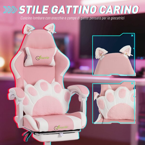 Vinsetto Sedia Gaming Poltrona Gaming Ergonomica Reclinabile Poggiapiedi Rosa | Aosom Italy