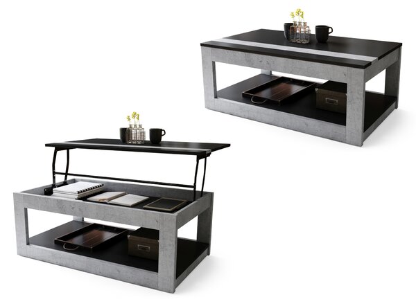 LUSSO Nero Opaco/Cemento Millennium - MODERNO TAVOLINO CON PIANO SOLLEVABILE + PORTAOGGETTI + MENSOLA (CON ROTELLE!)