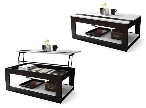 LUSSO Bianco Opaco/Nero Opaco - MODERNO TAVOLINO CON PIANO SOLLEVABILE + PORTAOGGETTI + MENSOLA (CON ROTELLE!)