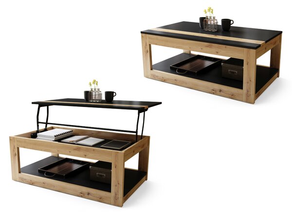 LUSSO Nero Opaco/Rovere Artisan - MODERNO TAVOLINO CON PIANO SOLLEVABILE + PORTAOGGETTI + MENSOLA (CON ROTELLE!)