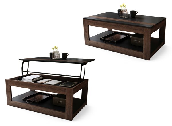 LUSSO Nero Opaco/Rovere Marrone - MODERNO TAVOLINO CON PIANO SOLLEVABILE + PORTAOGGETTI + MENSOLA (CON ROTELLE!)
