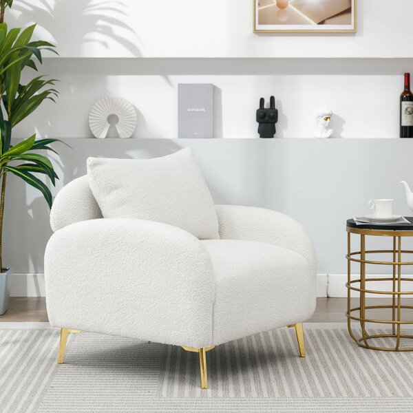 Poltroncina da Salotto in Velluto Teddy Moderna e Semplice con Cuscino, Struttura in Legno Massiccio e Gambe in Metallo Dorato, 75,5x75x81 cm, Bianco