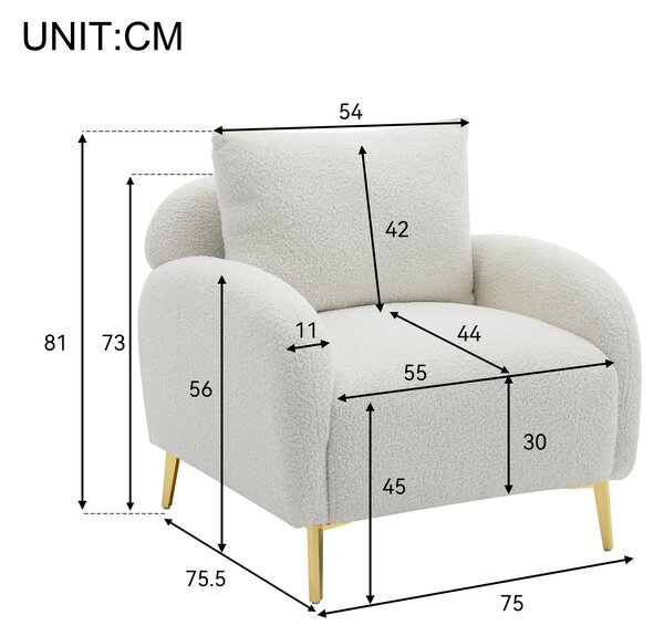 Poltroncina da Salotto in Velluto Teddy Moderna e Semplice con Cuscino, Struttura in Legno Massiccio e Gambe in Metallo Dorato, 75,5x75x81 cm, Bianco