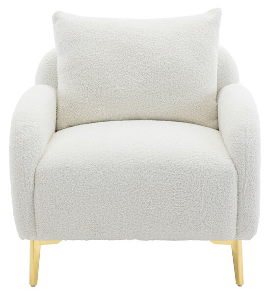 Poltroncina da Salotto in Velluto Teddy Moderna e Semplice con Cuscino, Struttura in Legno Massiccio e Gambe in Metallo Dorato, 75,5x75x81 cm, Bianco