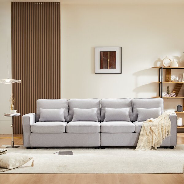Divano Moderno a 4 Posti in Tessuto di Lino con Tasche sui Braccioli e 4 Cuscini Lombari, Adatto per Soggiorno e Ufficio, 264x83x87 cm, Grigio