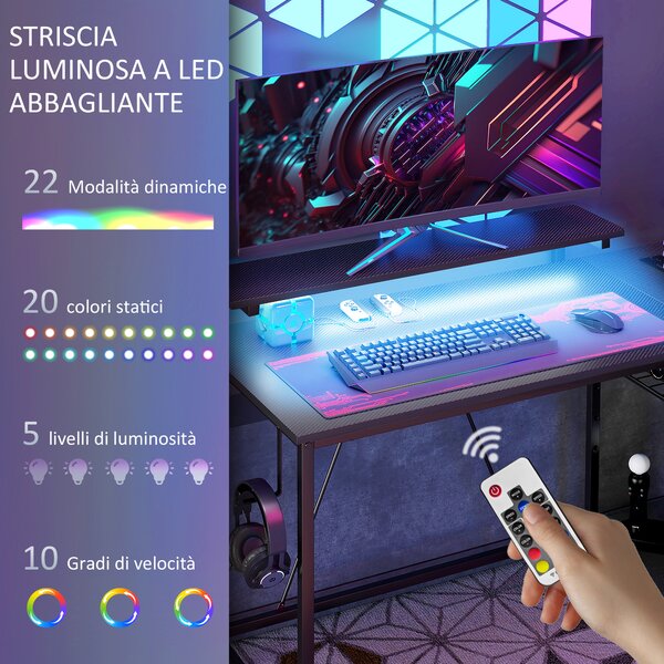 HOMCOM Scrivania Angolare Reversibile con LED, Prese di Corrente e Prese USB, Ripiani e Supporto Monitor, Nero