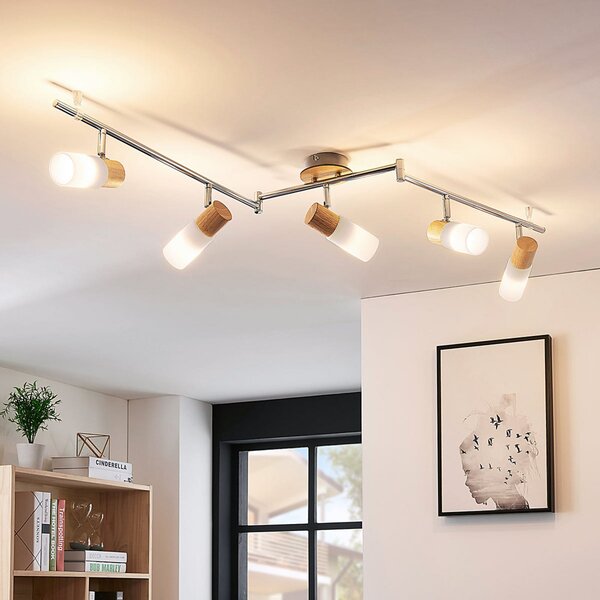 Plafoniera Lindby, Christoph, dimmerabile, Metallizzato, Camera da letto, Legno, Campagna / rustico